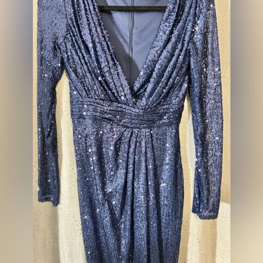Mac Duggal Sequined long sleeve midi dress prom formal‎ midnight blue size 0